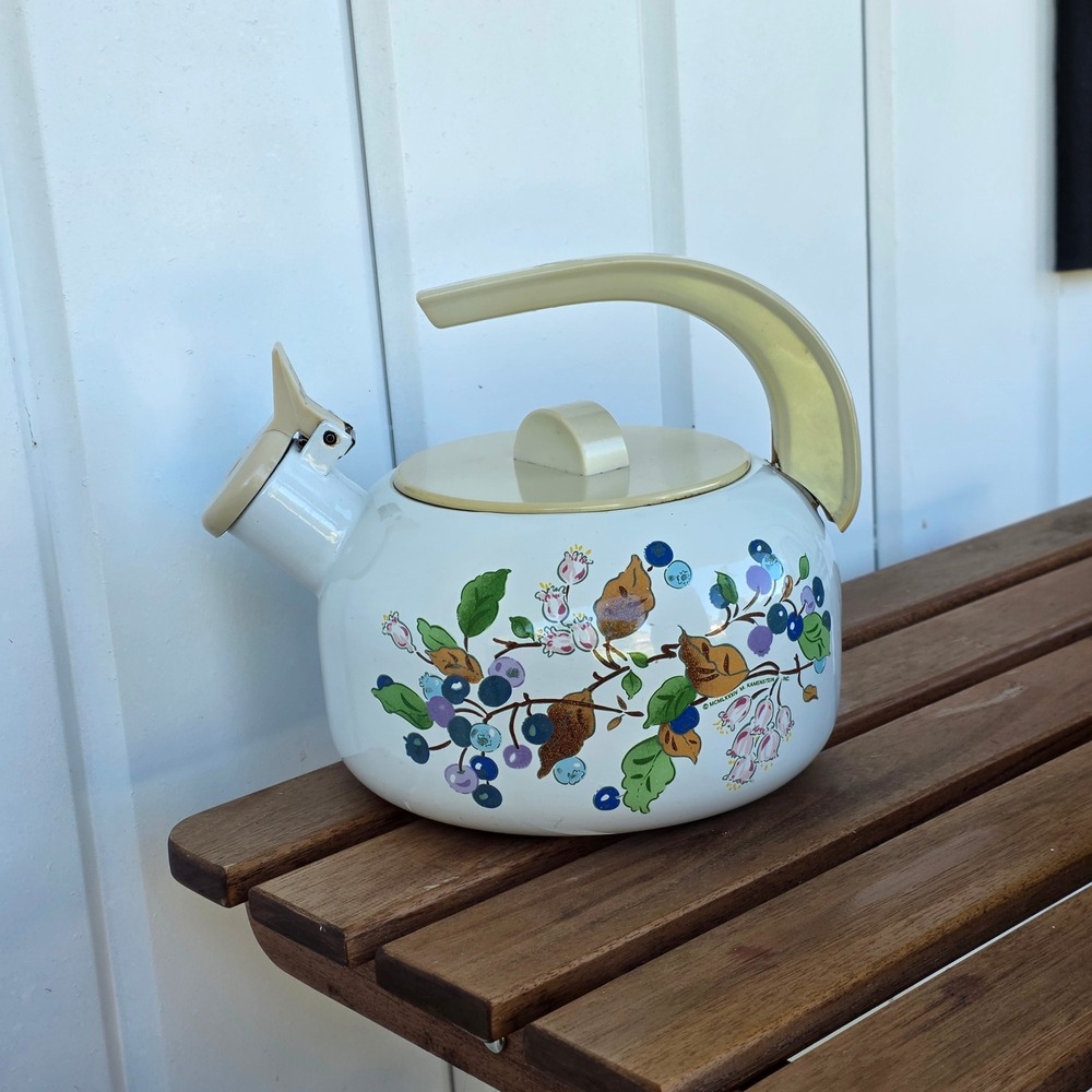Vintage 1984 M Kamenstein Enamel Tea Kettle Blueberry Floral Stovetop Whistler
